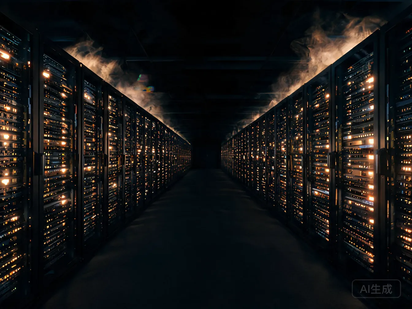 Server racks glowing with warm amber lights inside a dark data-center hall